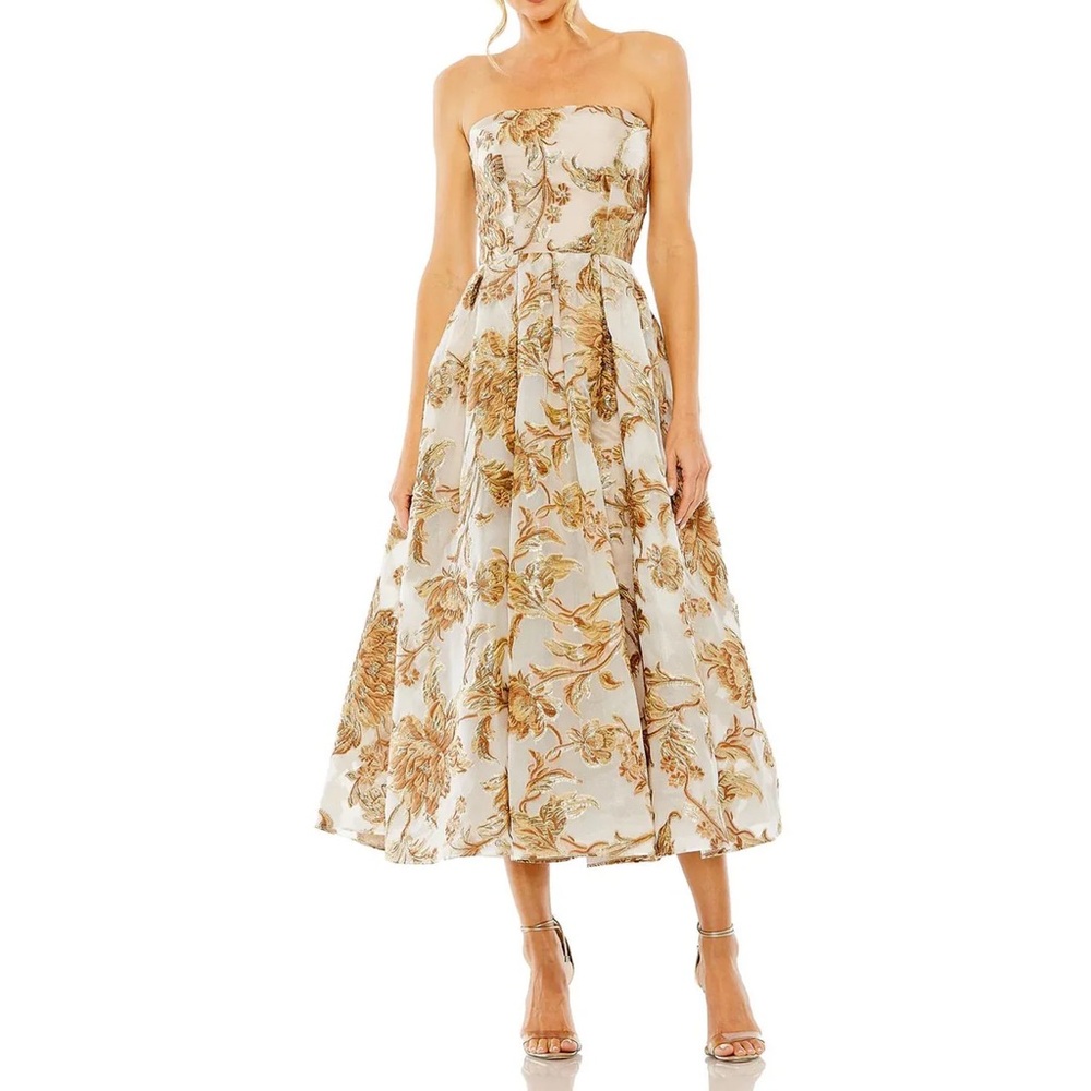NWT Mac Duggal 20716 Strapless Brocade Pockets Midi Dress